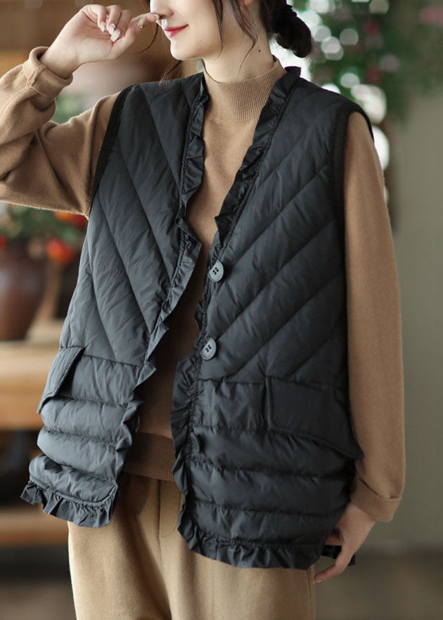 Black Ruffled Thick Duck Down Vest Tops Winter