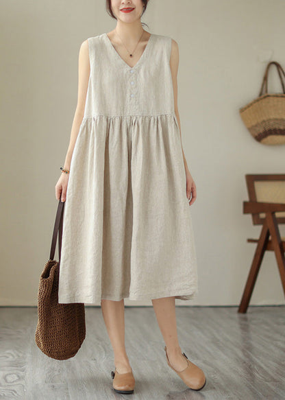 Beige O-neck Cotton Long Dress Sleeveless