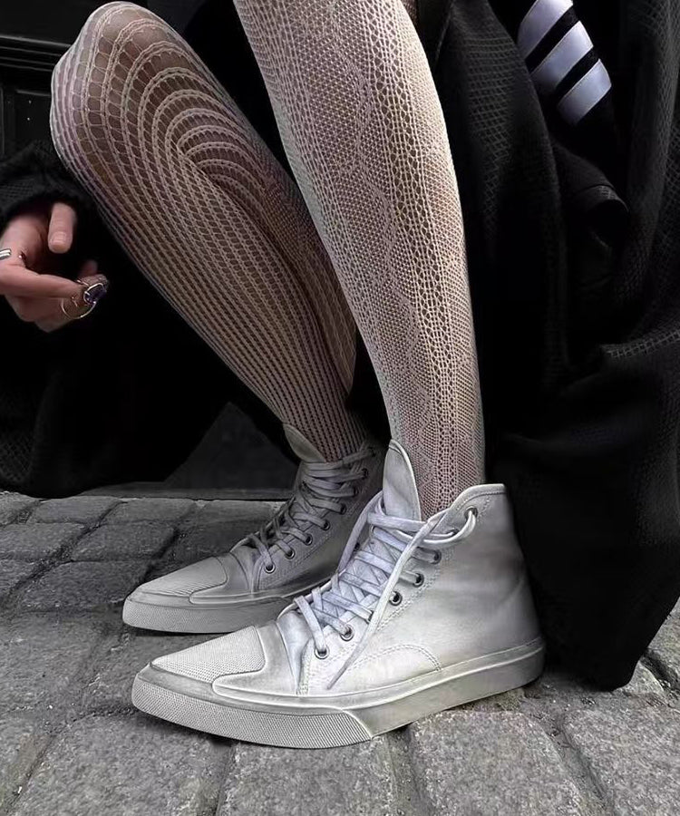 White Pointed Toe High Top Board Shoes Lace Up
