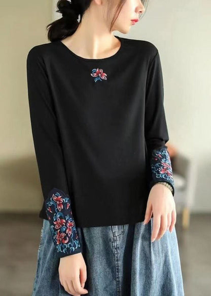 Rose O Neck Embroidered Cotton T Shirts Spring