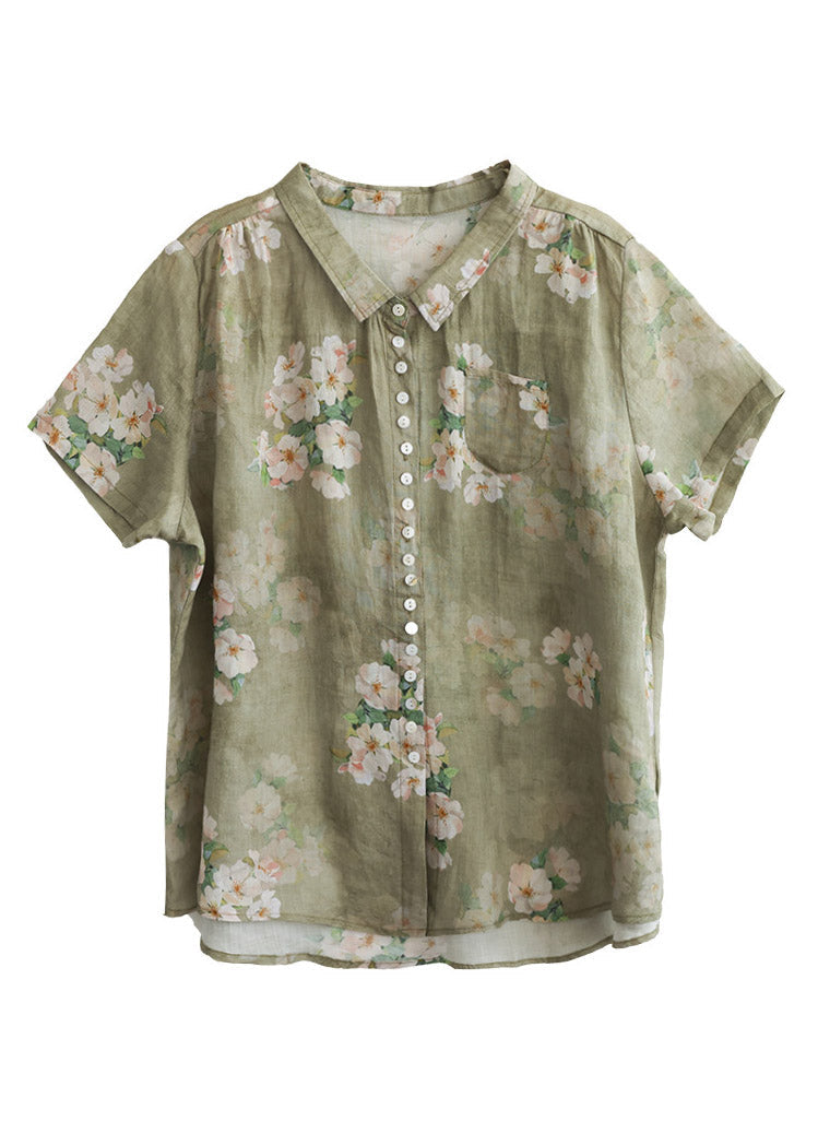 Peter Pan Collar Print Button Low High Design Linen Shirts Short Sleeve