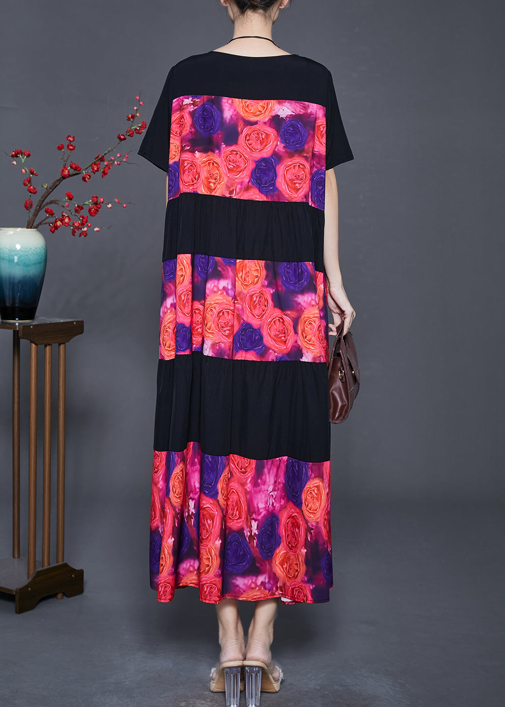 Black Oversized Patchwork Chiffon Maxi Dress Summer