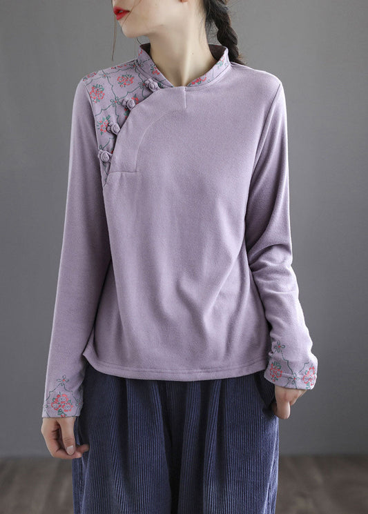 Modern Purple Embroidered Button Fall Cotton Top