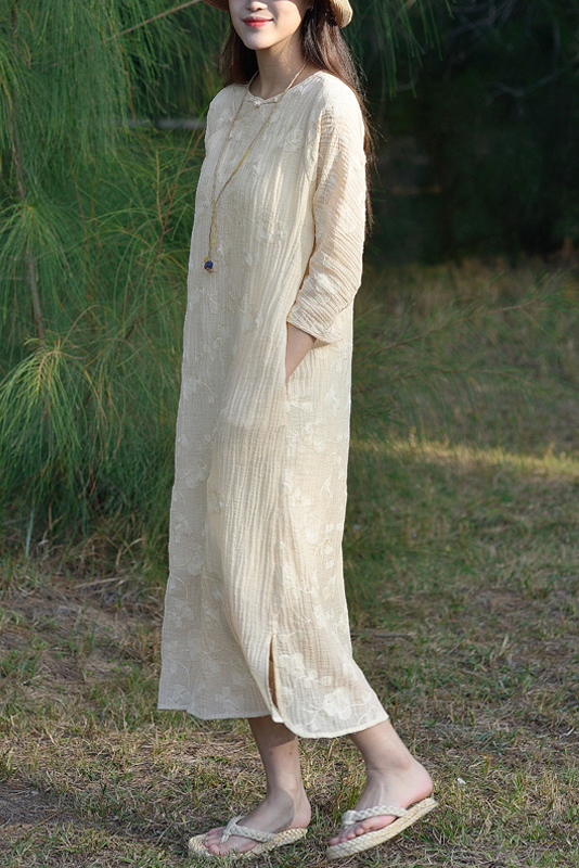 Summer Ramie Embroidered Dress Apricot Texture Maxi Dress