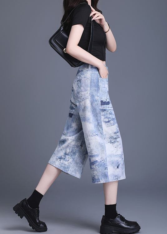 Blue Pockets Tie Dye Denim Crop Pants Summer