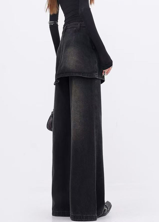 Modern Black False Two Pieces Patchwork Denim Flared Trousers Spring