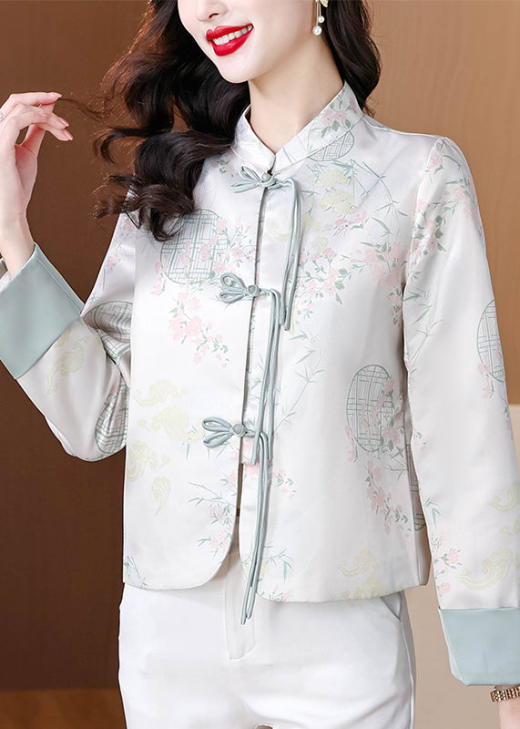 Blue Stand Collar Print Button Silk Coats Fall