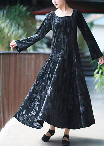 Black U Neck Print Velvet Long Dresses Fall
