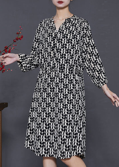 Black Cinched Print Silk Mid Dress Summer