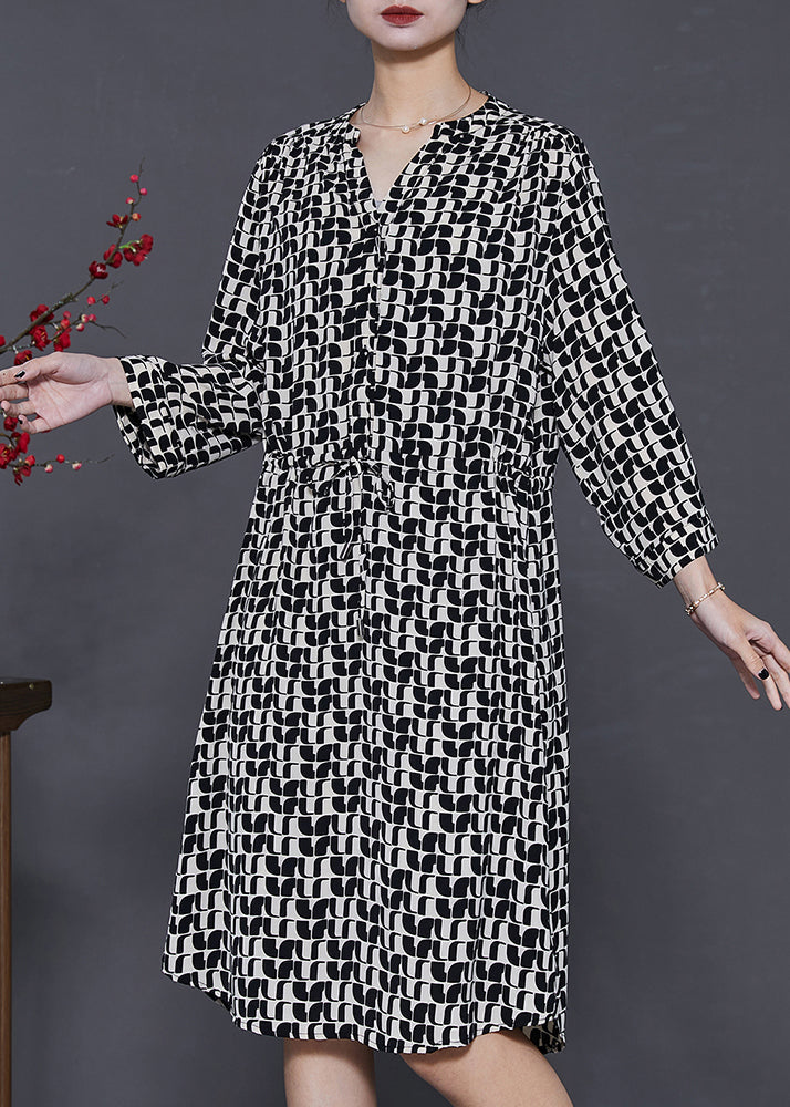 Black Cinched Print Silk Mid Dress Summer