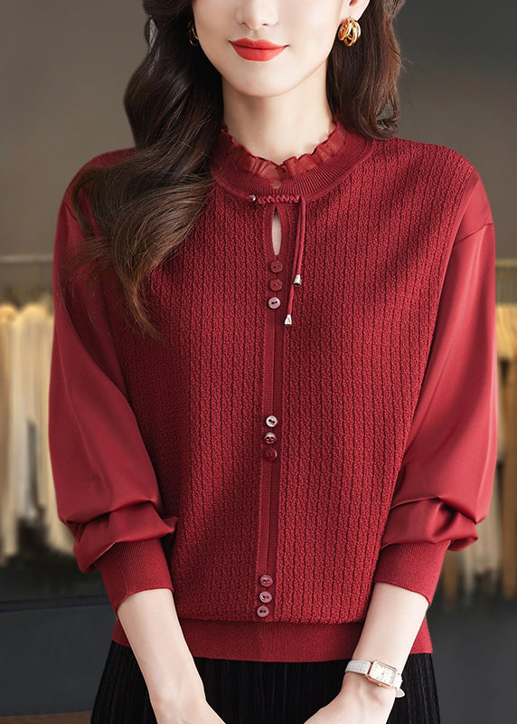 Mulberry Ruffled Patchwork Knit Sweater Tops Spring