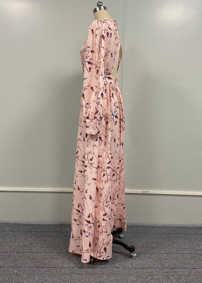 Pink Backless Print Cotton Long Dress Fall