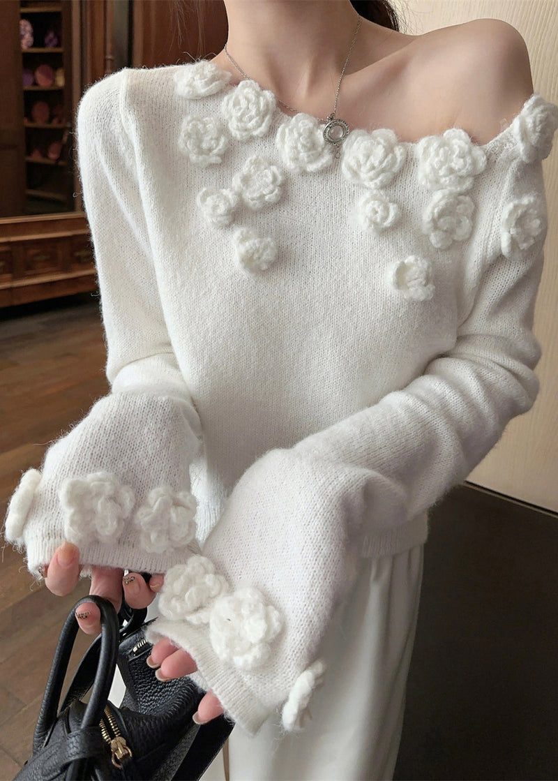 Stylish White Cold Shoulder Knit Sweater Winter