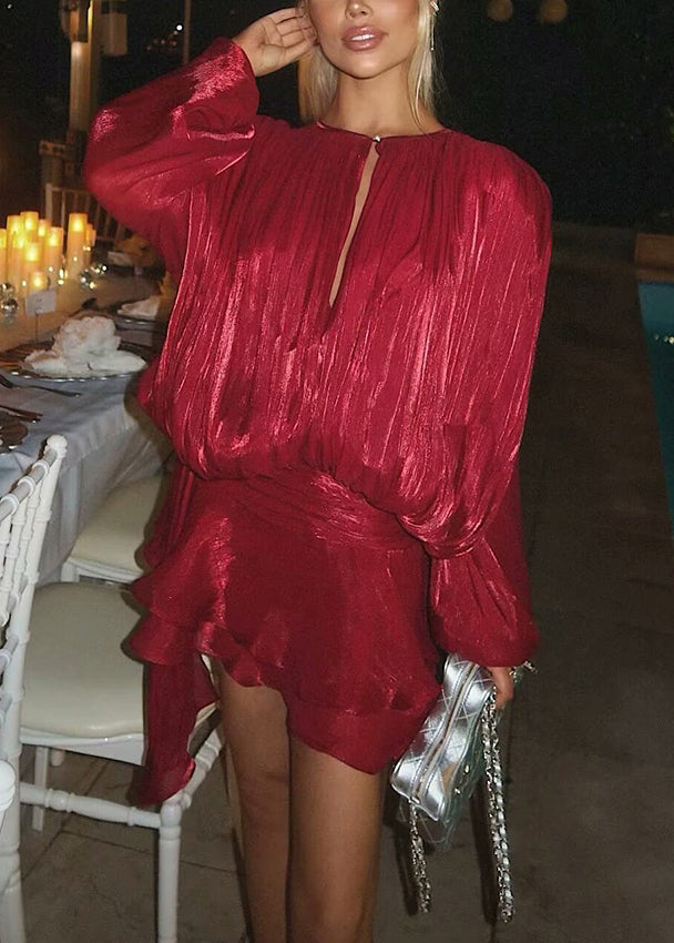 Red Lace Up Dress and Shorts Silk Two Pieces Set Wrinkled