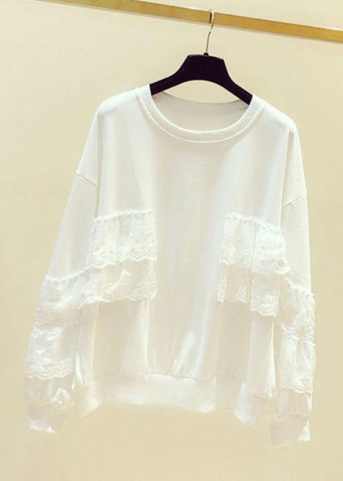 White Lace Patchwork Sweatshirts O Neck Spring
