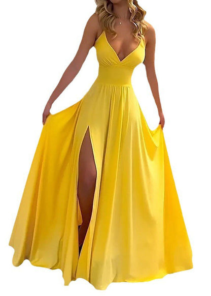 Style Yellow Backless Side Open Cotton Spaghetti Strap Dress Summer