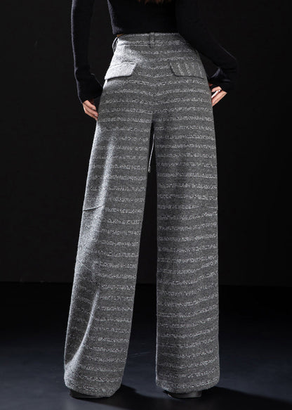 Grey Oversized Striped Woolen Straight Pants Winter