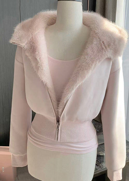Pink Pockets Patchwork Fuzzy Fur Fluffy Hooded Parka Coats Winter