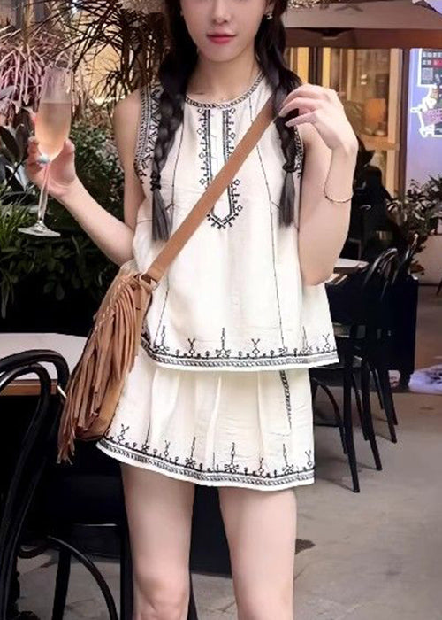 Art White Embroidered Tops and Skirts Cotton Two Pieces Set Sleeveless