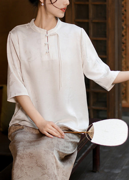 Loose Beige Stand Collar Tassel Jacquard Silk Shirt Summer