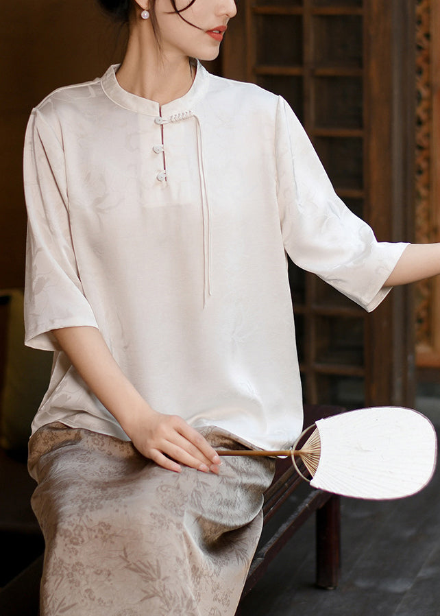 Loose Beige Stand Collar Tassel Jacquard Silk Shirt Summer