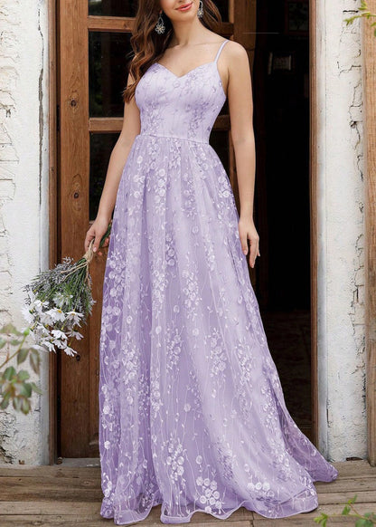 Purple Embroidered Backless Tulle Spaghetti Strap Dress Sleeveless
