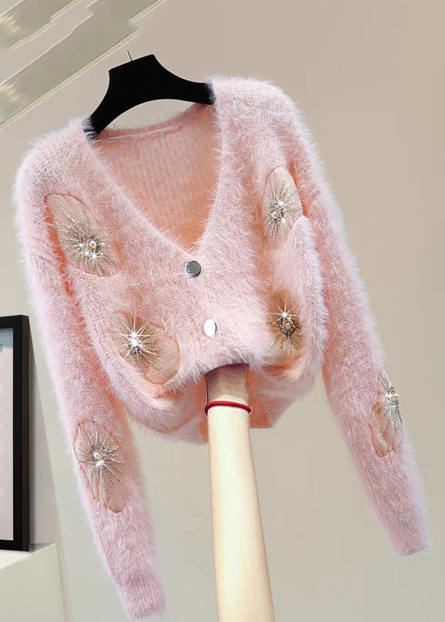 Pink V Neck Zircon Thick Mink Hair Knitted Sweater Winter