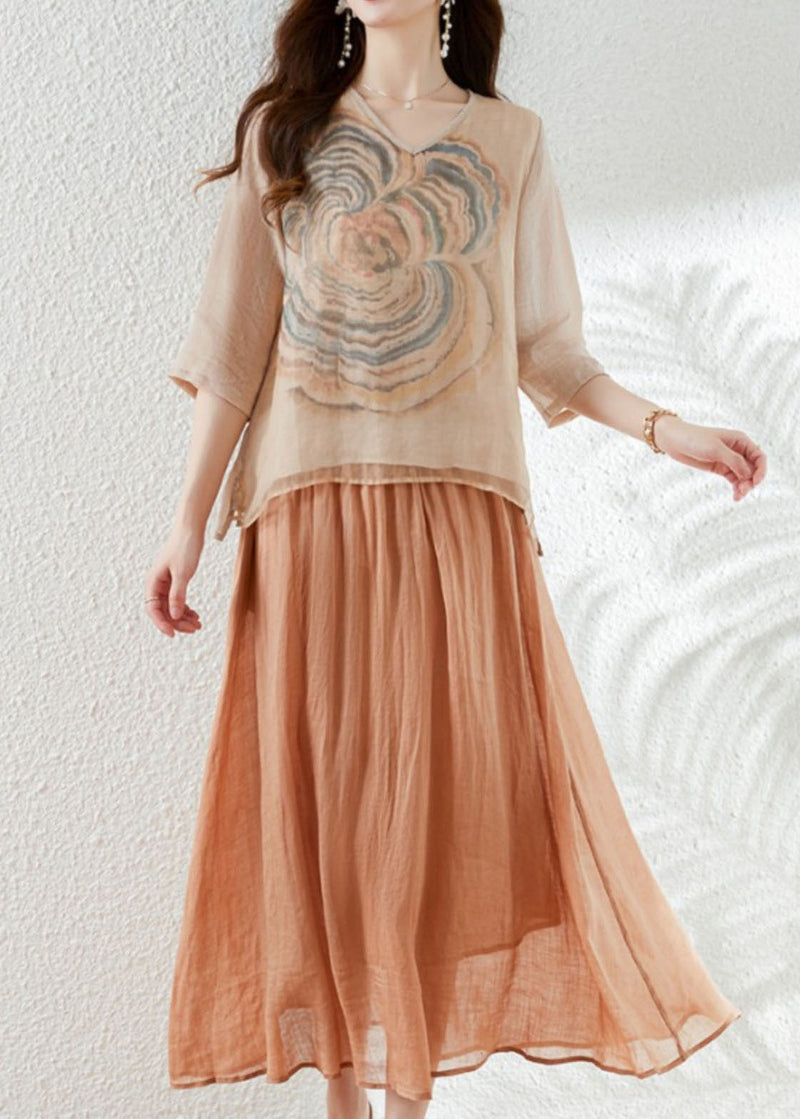 French Apricot V Neck Print Patchwork Tops and Skirts Cotton Two Pieces Set Summer