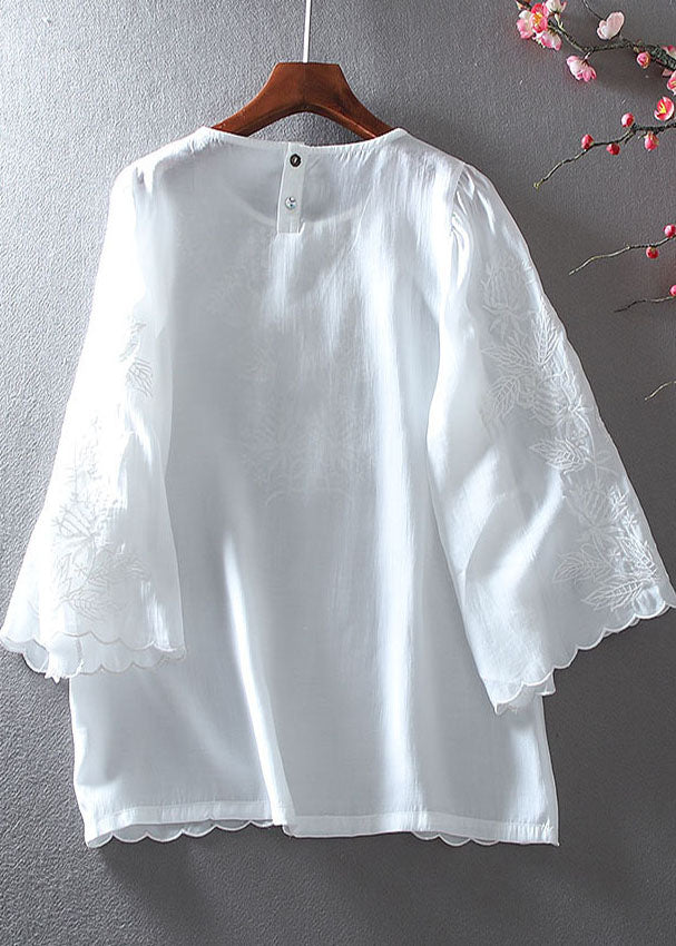 White Embroidered Chiffon Shirt Tops Summer