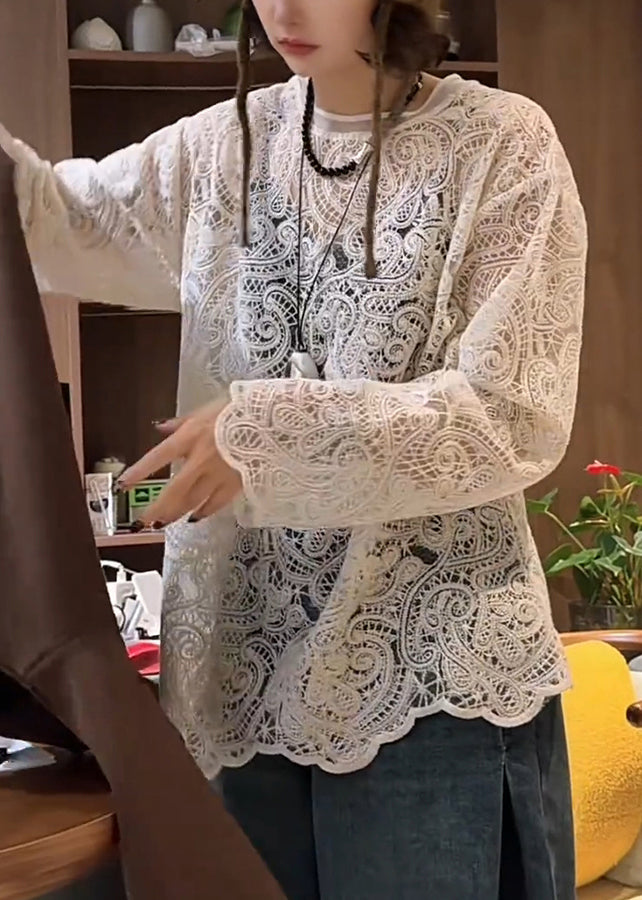 Stylish White O-neck Hollow Out Lace T Shirt Spring