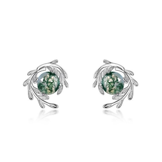Green Silver Leaf Earrings