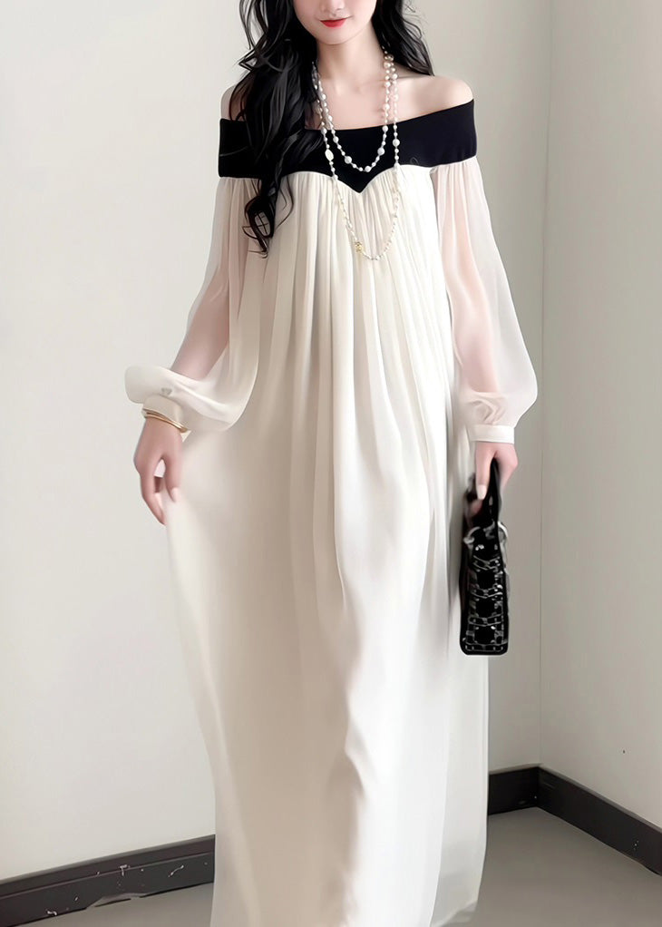 French Slash Neck Chiffon Dress Lantern Sleeves