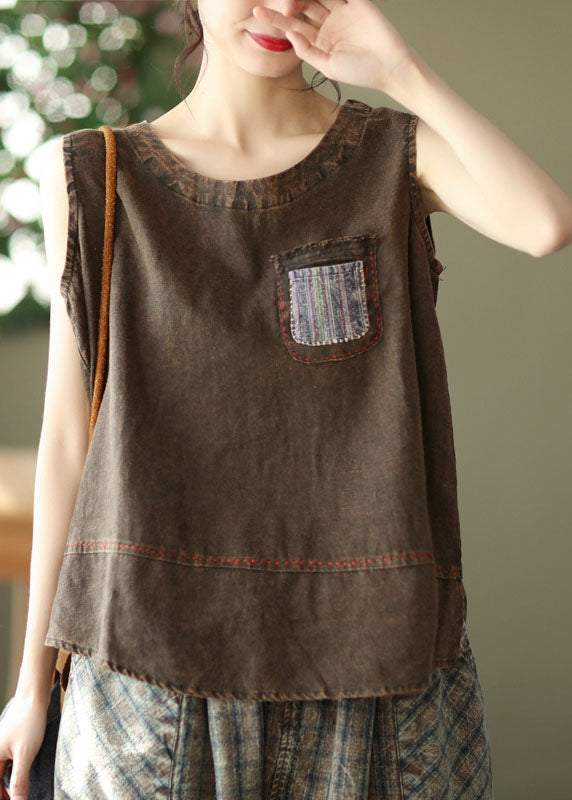 French Chocolate O-neck Patchwork Linen Tank Tops Sleeveless