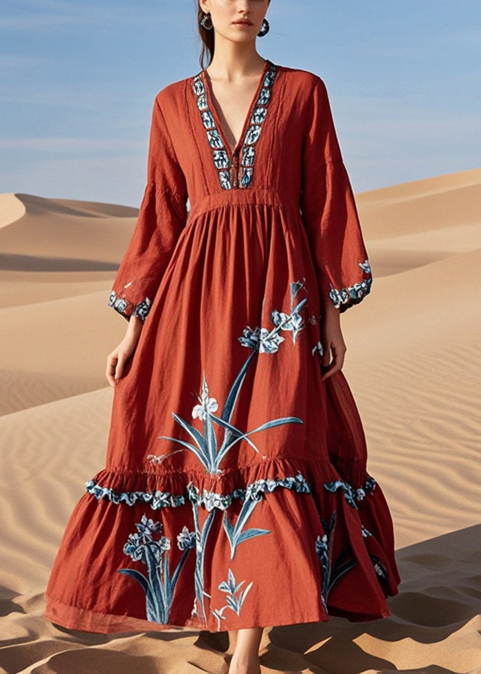 Diy Red Ruffled Print Cotton Maxi Dresses Fall
