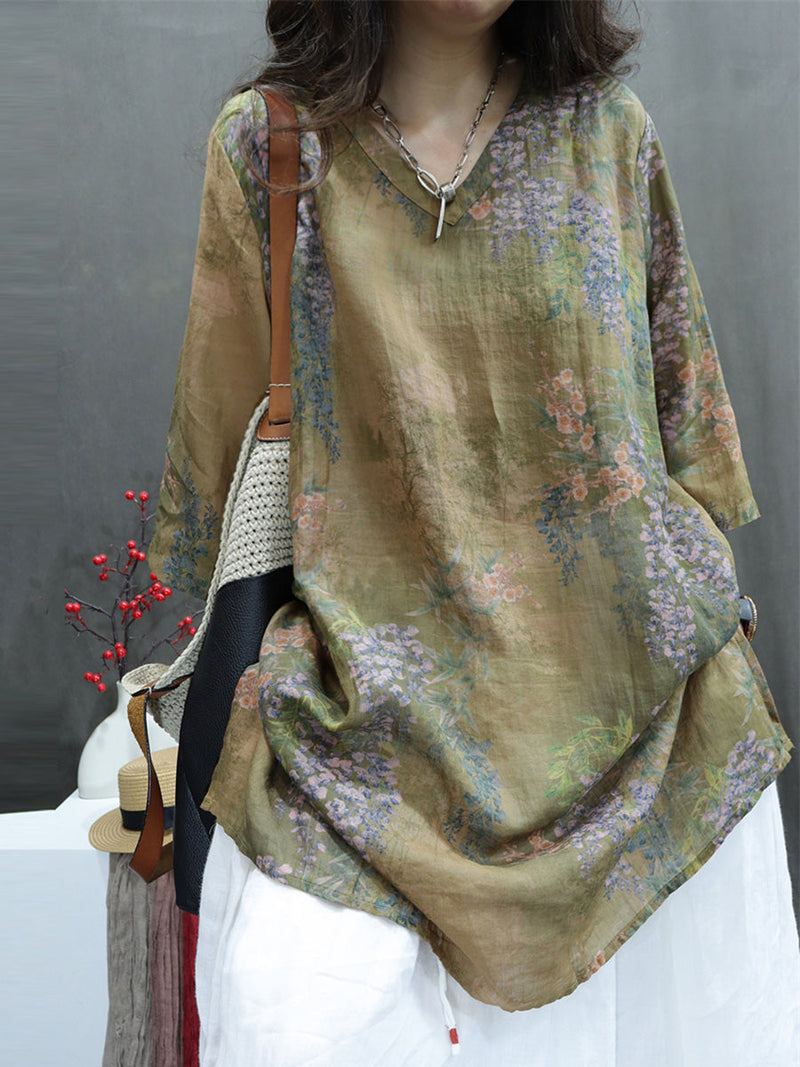 Summer Flower V-neck Ramie Long Shirt