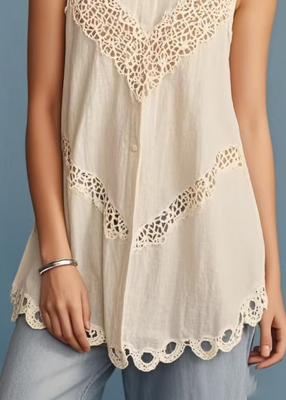 Fine Beige Peter Pan Collar Patchwork Lace Shirt Sleeveless