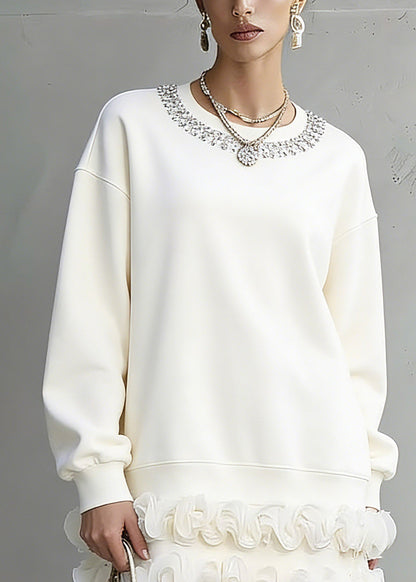 Unique White O-neck Zircon T Shirts Lantern Sleeve