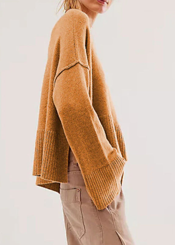 Brown O Neck Knit Short Sweaters Flare Sleeve