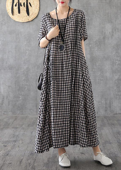 Red Plaid Linen Dresses Summer Long Cotton Dress Maxi Gown