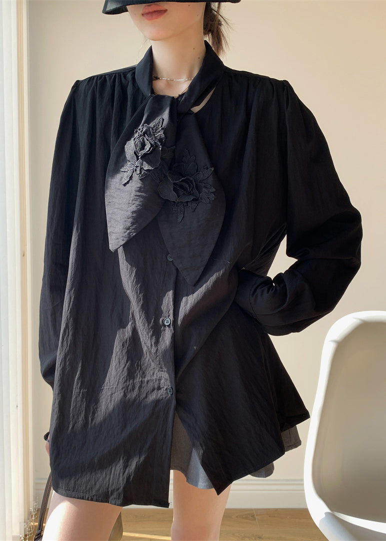 Black Button Loose Cotton Fall Shirt Bow