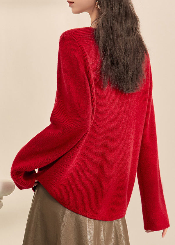 Chinese Style Red O-neck Button Cozy Cotton Knit Cardigans Fall
