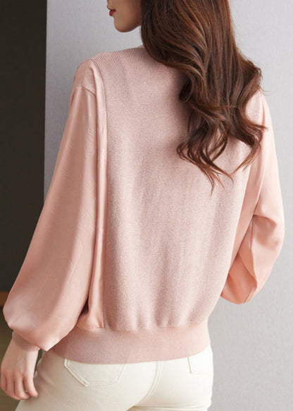 Black V Neck Bow Silk Patchwork Knit Shirt Top Spring