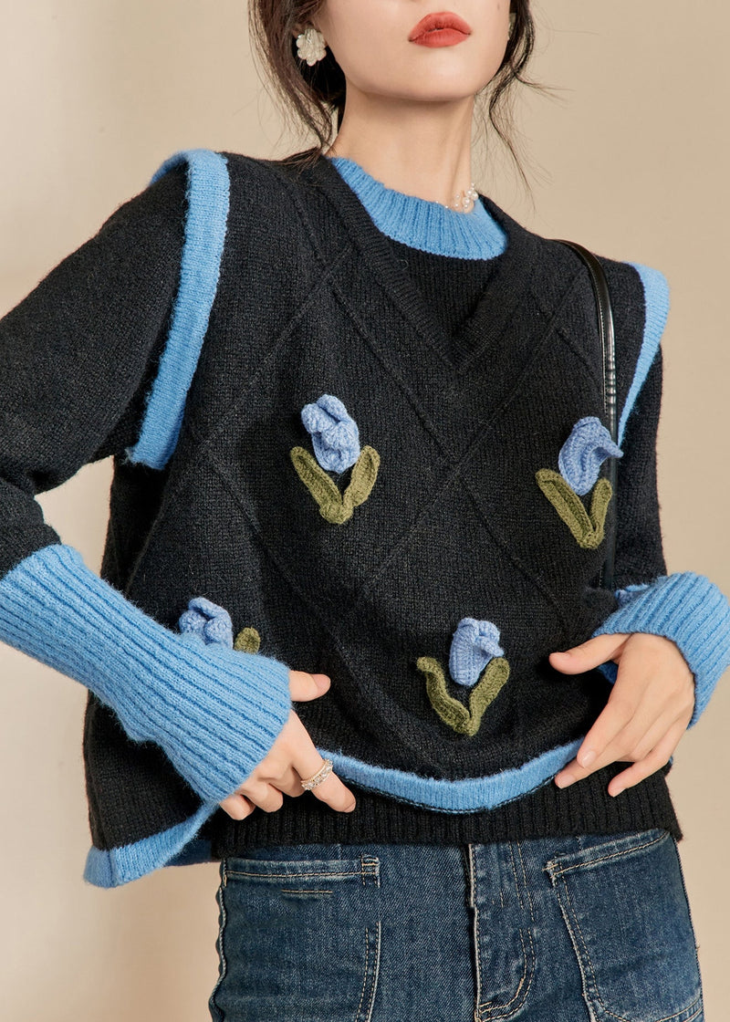 Blue O-neck Patchwork Cotton Knit Sweaters Winter