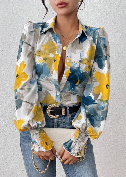 Unique Blue Button Print Cotton Blouses Spring