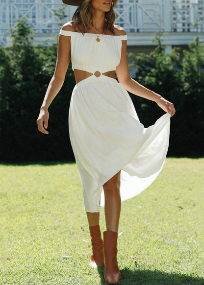 White Slash Neck Hollow Out Cotton Dresses Sleeveless