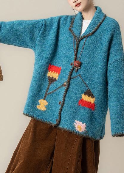 Blue Oversized Print Knit Loose Jacket Winter