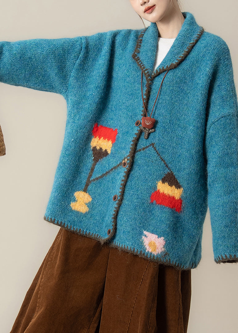 Blue Oversized Print Knit Loose Jacket Winter