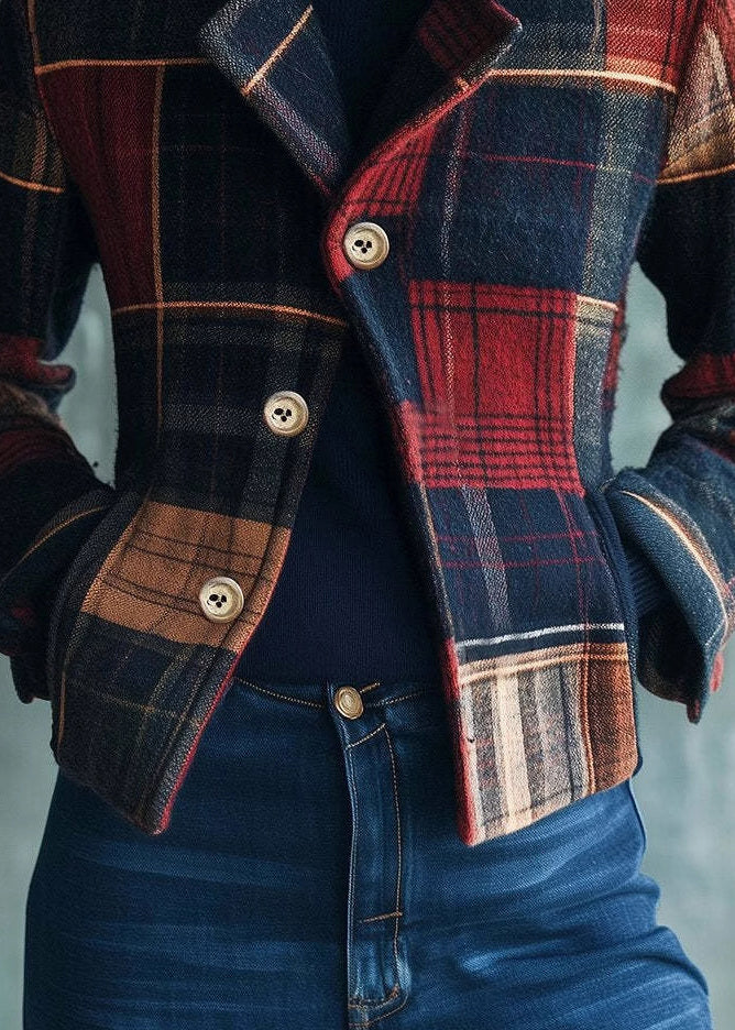 Stand Collar Pockets Button Plaid Woolen Coats Fall