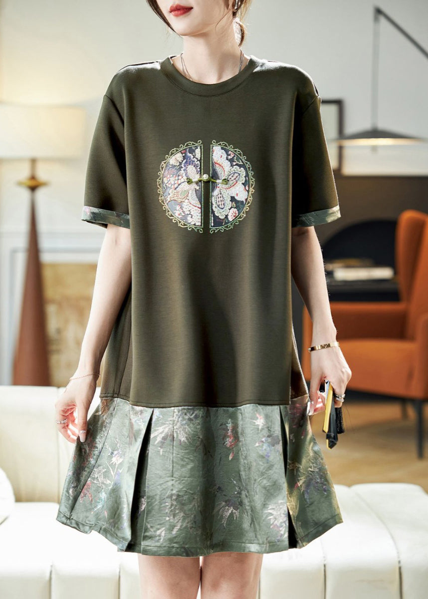 Boutique Blackish Green O Neck Jacquard Patchwork Cotton Dress Summer