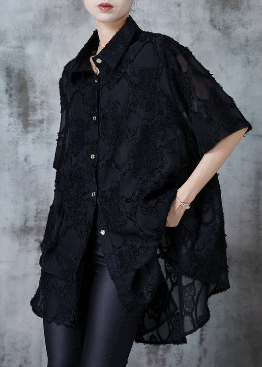 Black Oversized Tasseled Chiffon Top Summer